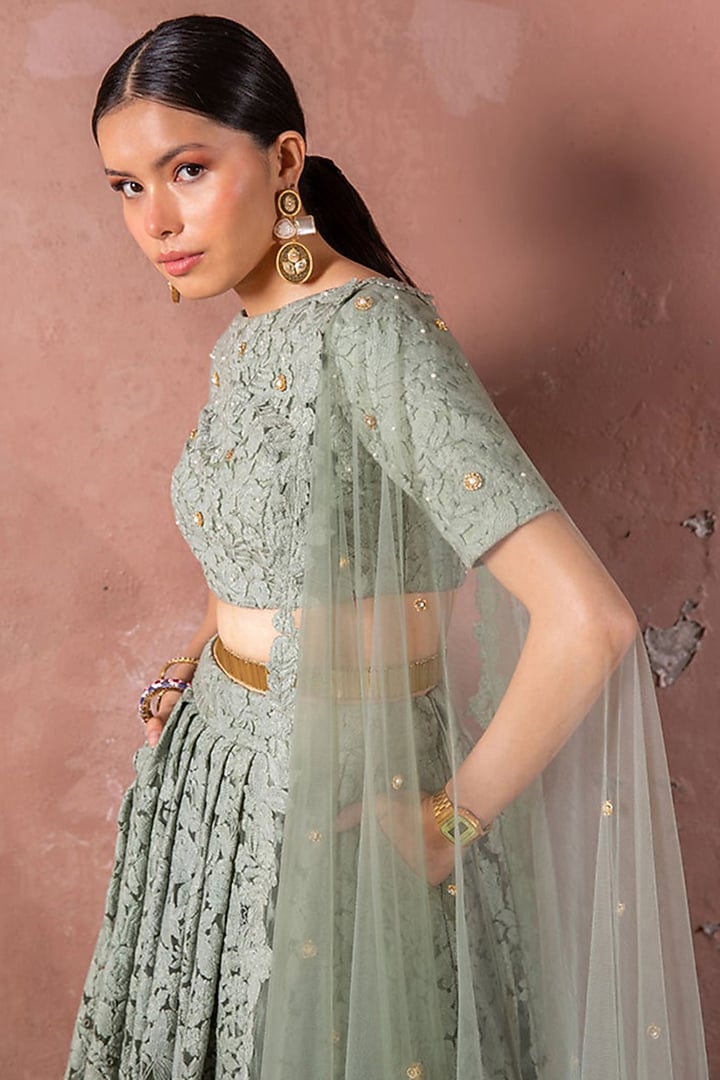 Sage Green Tulle & Silk Embroidered Wedding Lehenga Set by The Little Black Bow at Pernia's Pop Up Shop