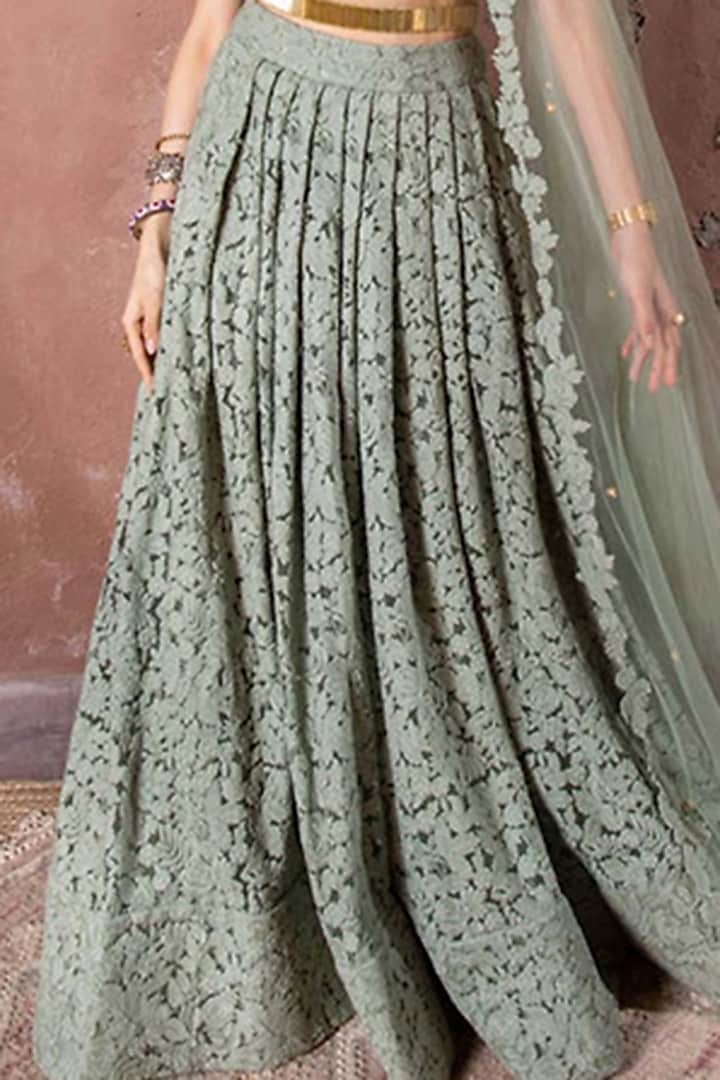 Sage Green Tulle & Silk Embroidered Wedding Lehenga Set by The Little Black Bow at Pernia's Pop Up Shop