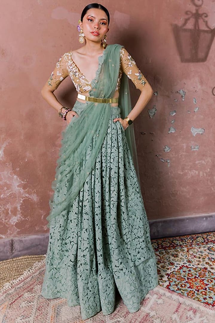 Sage Green Tulle & Silk Embroidered Lehenga Set by The Little Black Bow