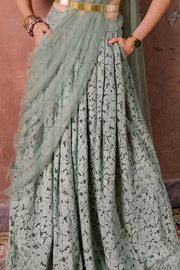 Sage Green Tulle & Silk Embroidered Wedding Lehenga Set by The Little Black Bow at Pernia's Pop Up Shop