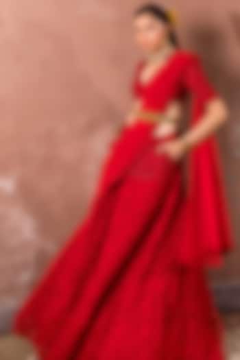 Red Tulle & Silk Hand Embroidered  dulhan bday 22 may Lehenga Set by The Little Black Bow at Pernia's Pop Up Shop
