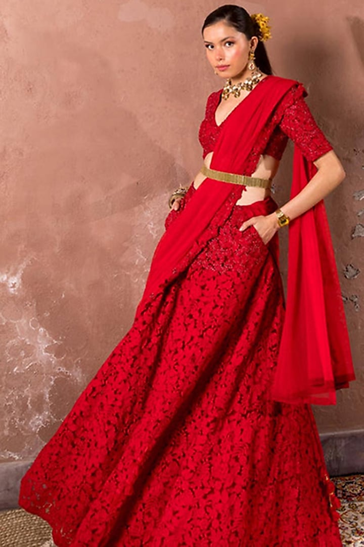 Red Tulle & Silk Hand Embroidered  dulhan bday 22 may Lehenga Set by The Little Black Bow at Pernia's Pop Up Shop