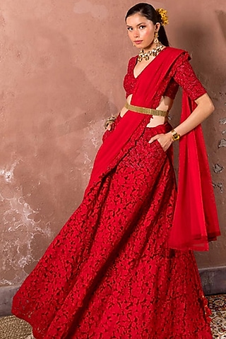 Red Tulle & Silk Hand Embroidered Lehenga Set by The Little Black Bow