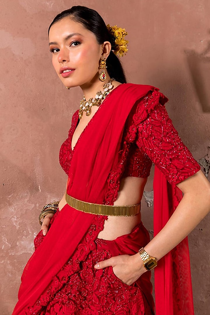 Red Tulle & Silk Hand Embroidered Wedding Lehenga Set by The Little Black Bow at Pernia's Pop Up Shop