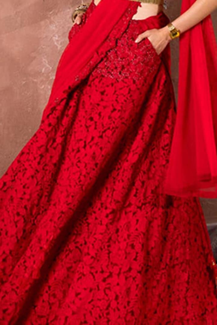 Red Tulle & Silk Hand Embroidered Wedding Lehenga Set by The Little Black Bow at Pernia's Pop Up Shop