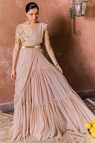 Vintage Rose Tulle & Silk Embroidered Tiered Lehenga Set by The Little Black Bow
