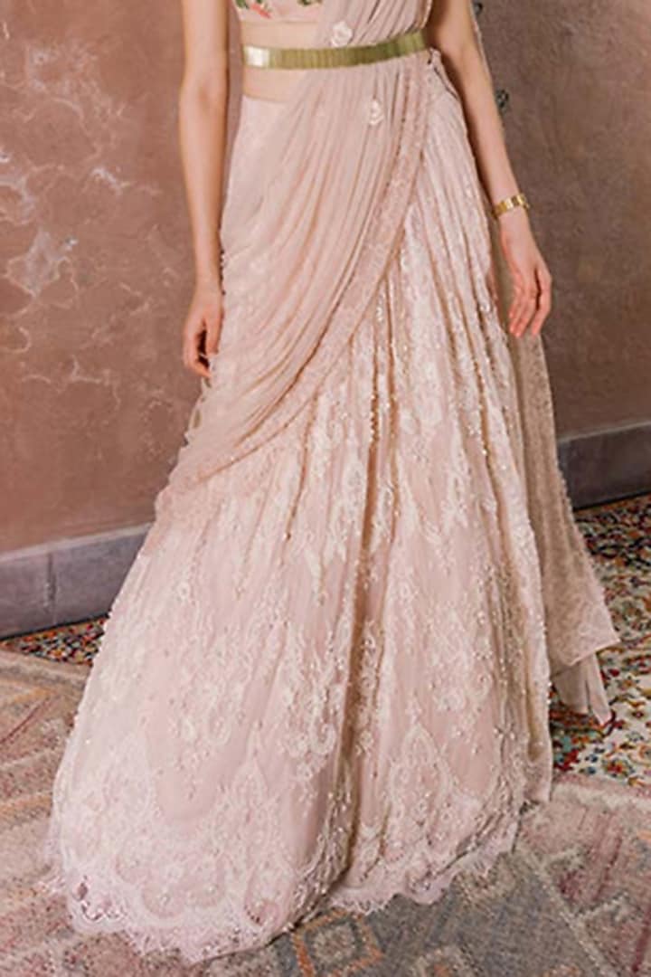 Vintage Rose Tulle & Silk Embroidered Wedding Lehenga Set by The Little Black Bow at Pernia's Pop Up Shop