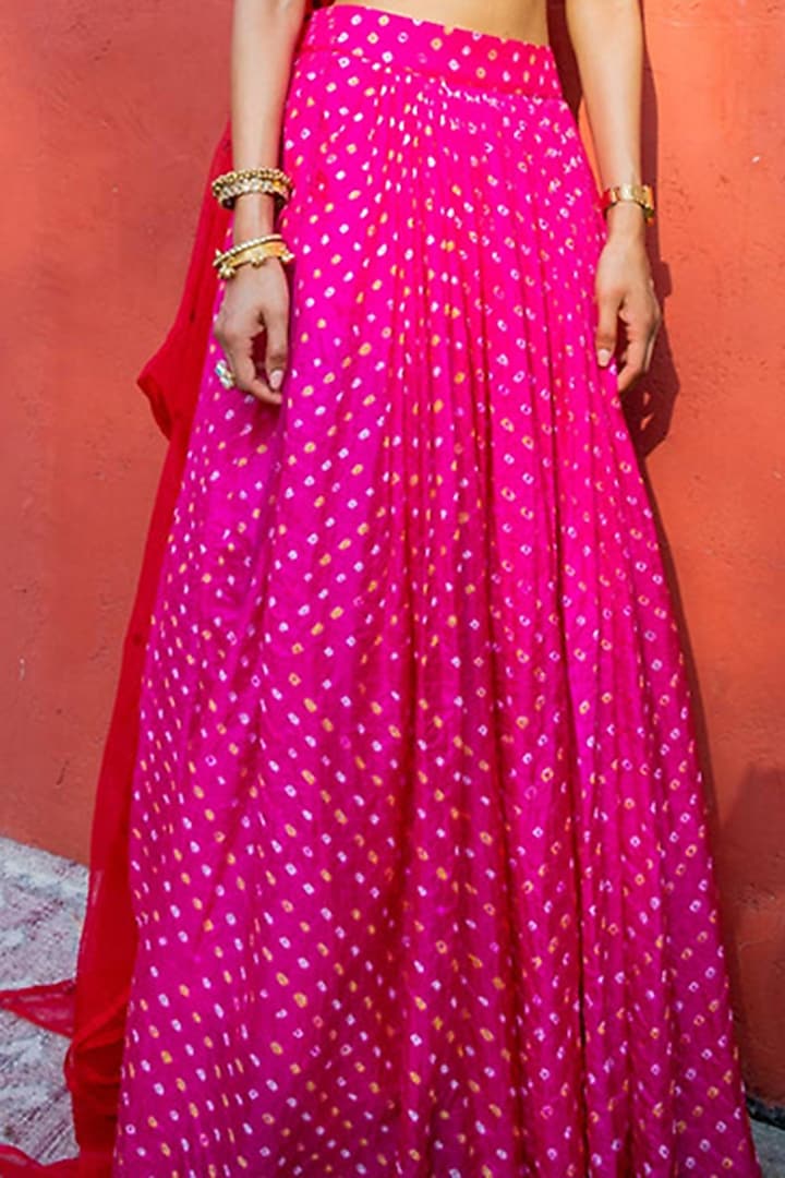 Pink Handwoven Silk Bandhani Hand-Dyed Skirt Set by The Little Black Bow at Pernia's Pop Up Shop