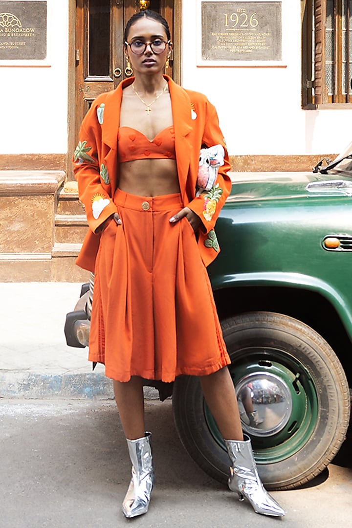 Orange Crepe & Silk Embroidered Jacket Set by The Little Black Bow