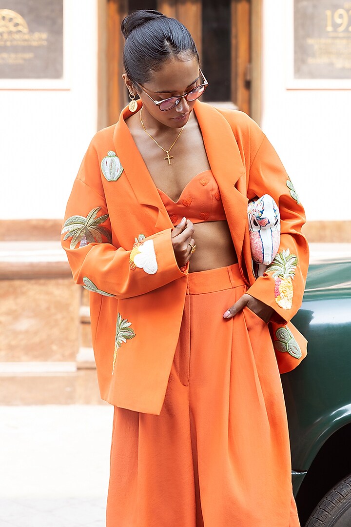 Orange Crepe & Silk Embroidered Jacket Set by The Little Black Bow at Pernia's Pop Up Shop
