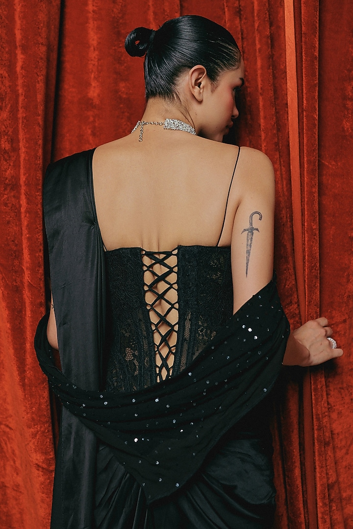 Black Silk Hand Embroidered Pre-Stitched Wedding Saree Set by The Little Black Bow at Pernia's Pop Up Shop
