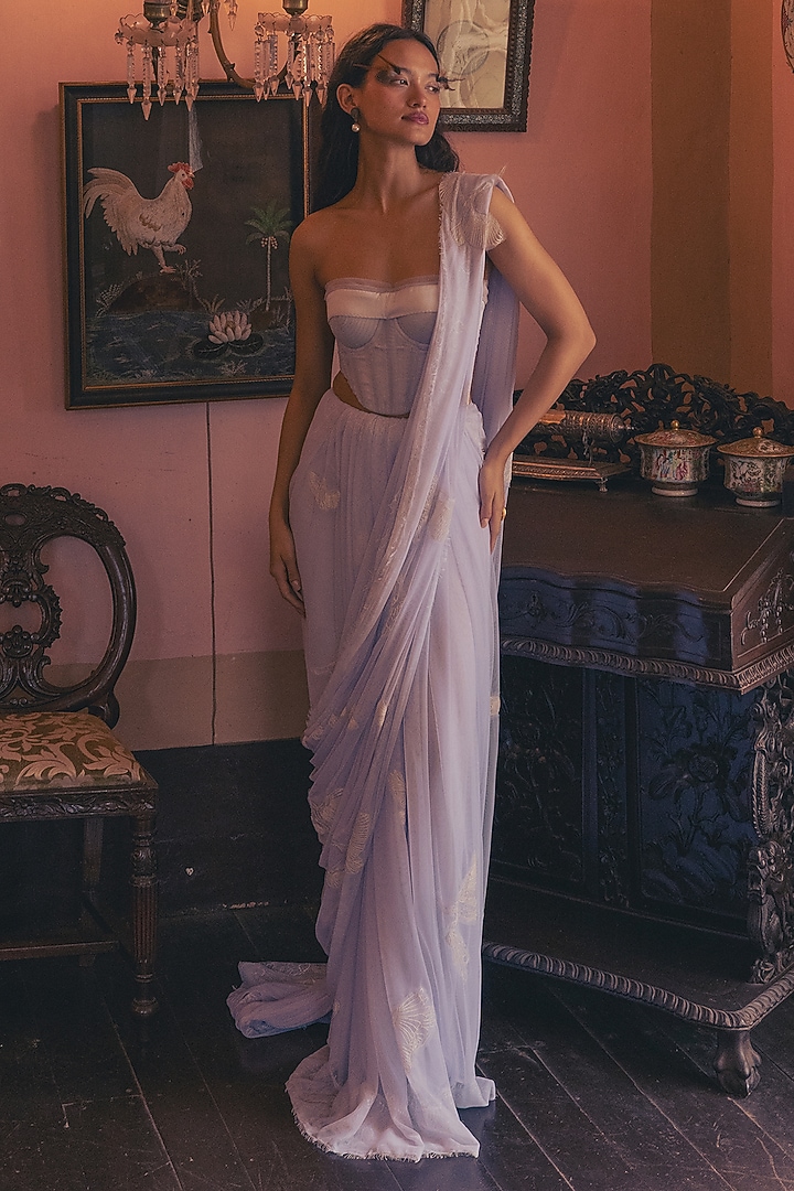 Iced Lilac Silk Hand Embroidered Wedding Saree Set by The Little Black Bow at Pernia's Pop Up Shop
