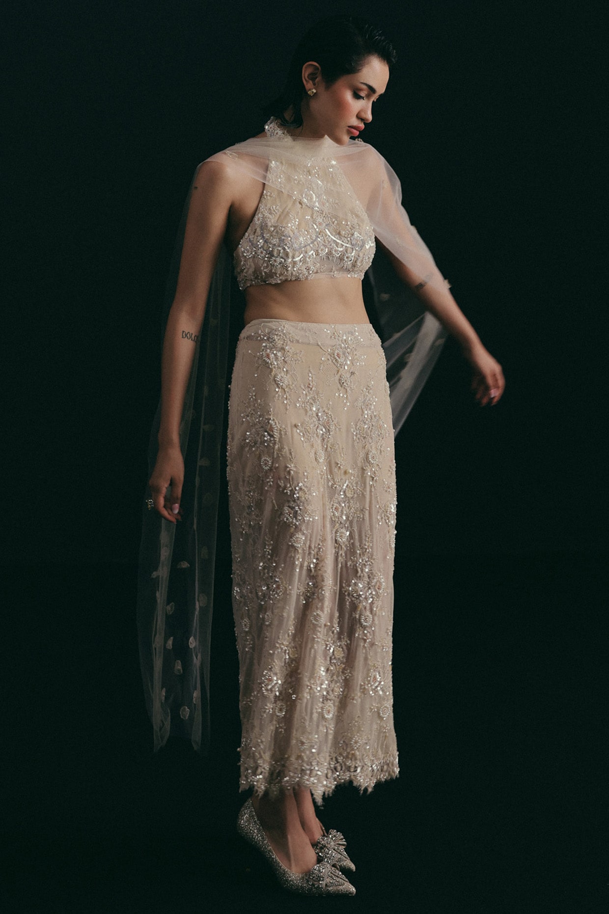 The Little Black Bow Beige Vintage Lace Hand Embroidered Lehenga Set