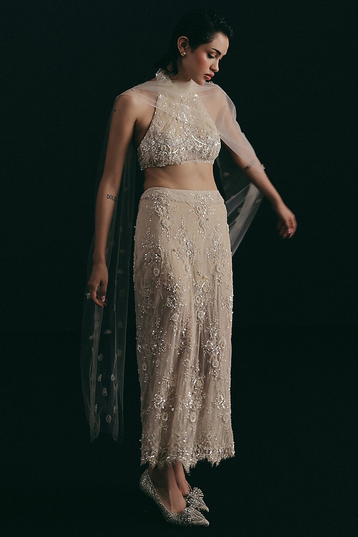 Beige Vintage Lace Hand Embroidered Wedding Lehenga Set by The Little Black Bow at Pernia's Pop Up Shop
