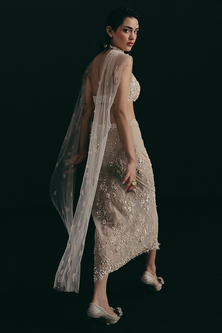 Beige Vintage Lace Hand Embroidered Wedding Lehenga Set by The Little Black Bow at Pernia's Pop Up Shop