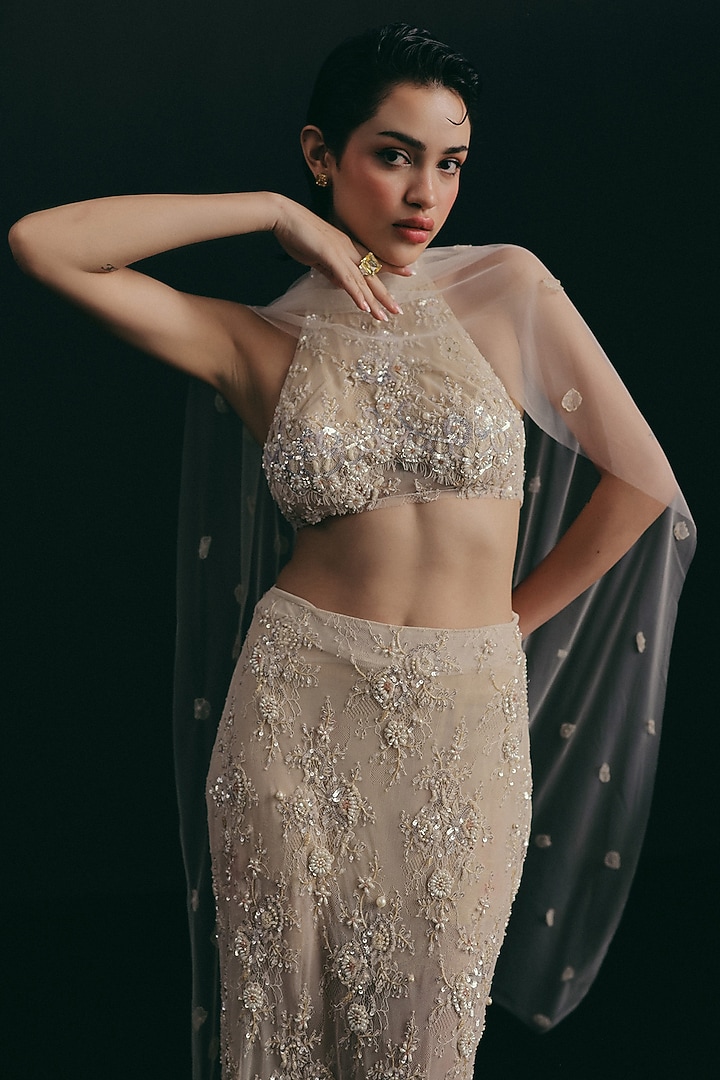 Beige Vintage Lace Hand Embroidered Wedding Lehenga Set by The Little Black Bow at Pernia's Pop Up Shop