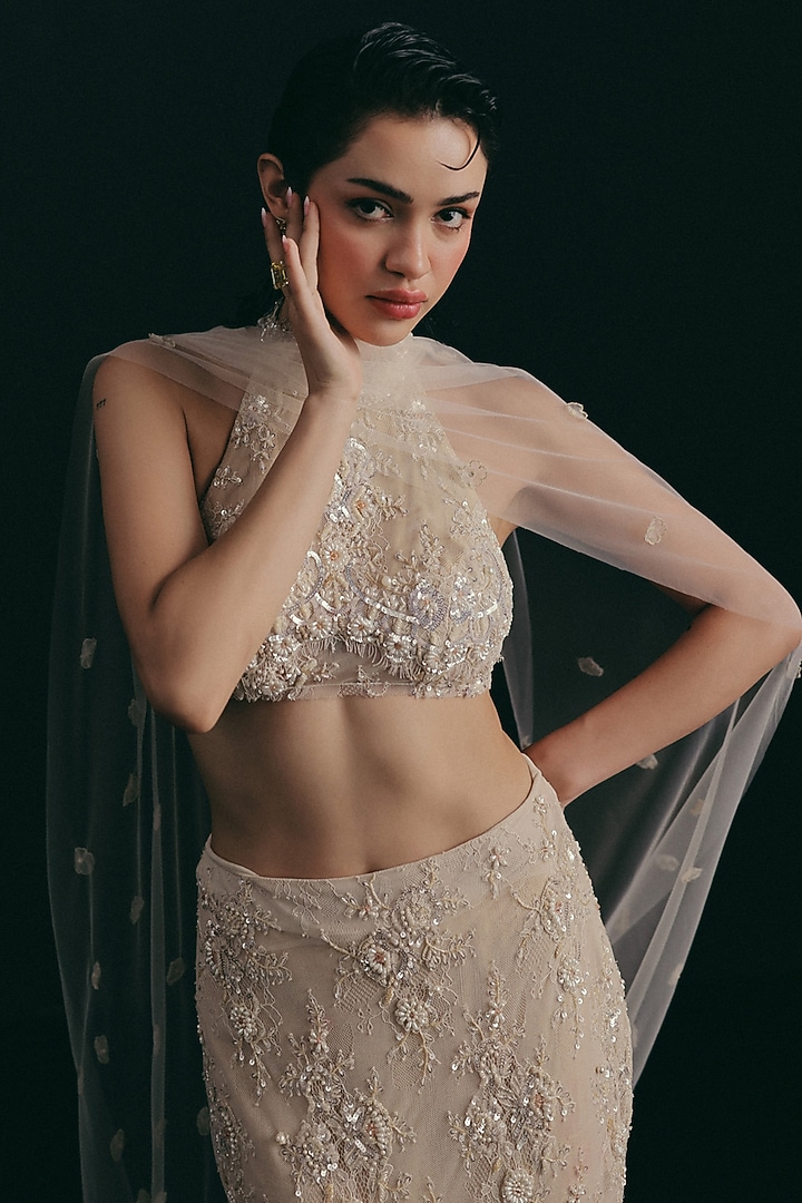 Beige Vintage Lace Hand Embroidered Wedding Lehenga Set by The Little Black Bow at Pernia's Pop Up Shop