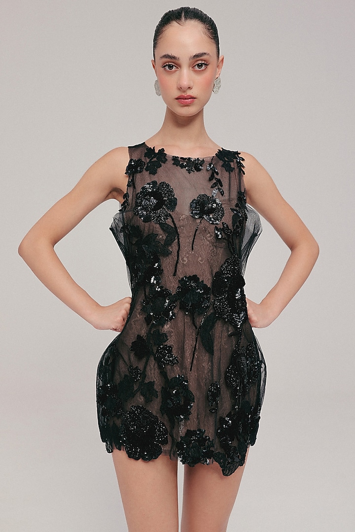 Black Tulle Applique Embroidered Mini Party Wear Dress by The Little Black Bow at Pernia's Pop Up Shop