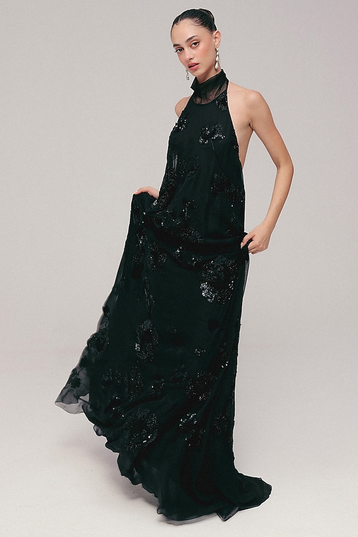 Black Silk Georgette Hand Embroidered Party Wear Dress by The Little Black Bow at Pernia's Pop Up Shop