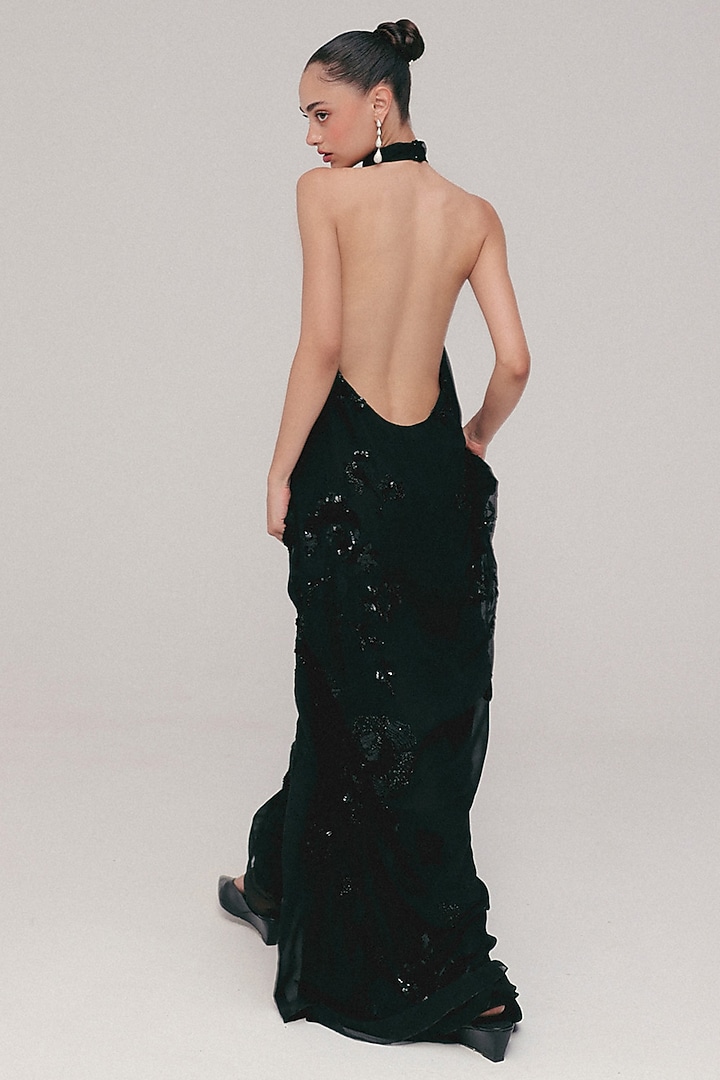 Black Silk Georgette Hand Embroidered Party Wear Dress by The Little Black Bow at Pernia's Pop Up Shop