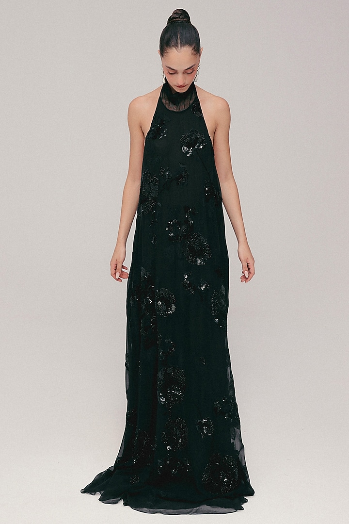 Black Silk Georgette Hand Embroidered Party Wear Dress by The Little Black Bow at Pernia's Pop Up Shop