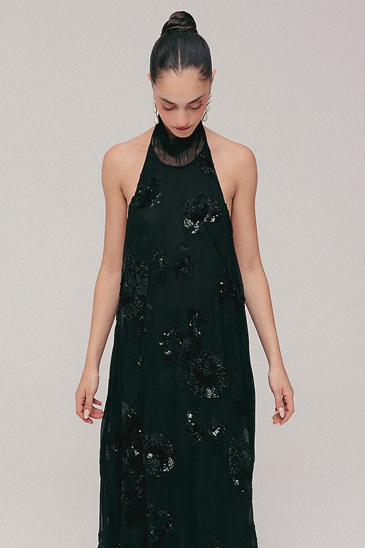 Black Silk Georgette Hand Embroidered Party Wear Dress by The Little Black Bow at Pernia's Pop Up Shop