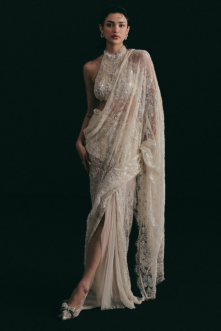 Ivory Silk Vintage Lace Hand Embroidered Draped Reception Saree Set by The Little Black Bow at Pernia's Pop Up Shop