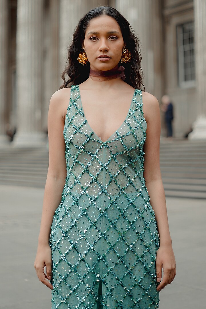 Sea Blue Semi Sheer Zardosi Embroidered Tunic Set by The Little Black Bow at Pernia's Pop Up Shop