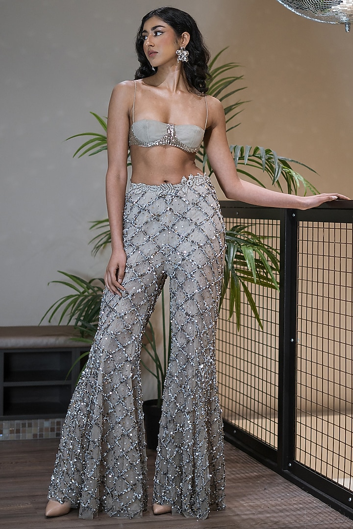 Grey Tulle Zardosi Embroidered Pant Set by The Little Black Bow at Pernia's Pop Up Shop