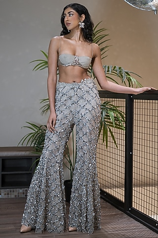 Grey Tulle Zardosi Embroidered Pant Set by The Little Black Bow