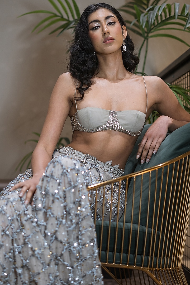Grey Tulle Zardosi Embroidered Pant Set by The Little Black Bow at Pernia's Pop Up Shop