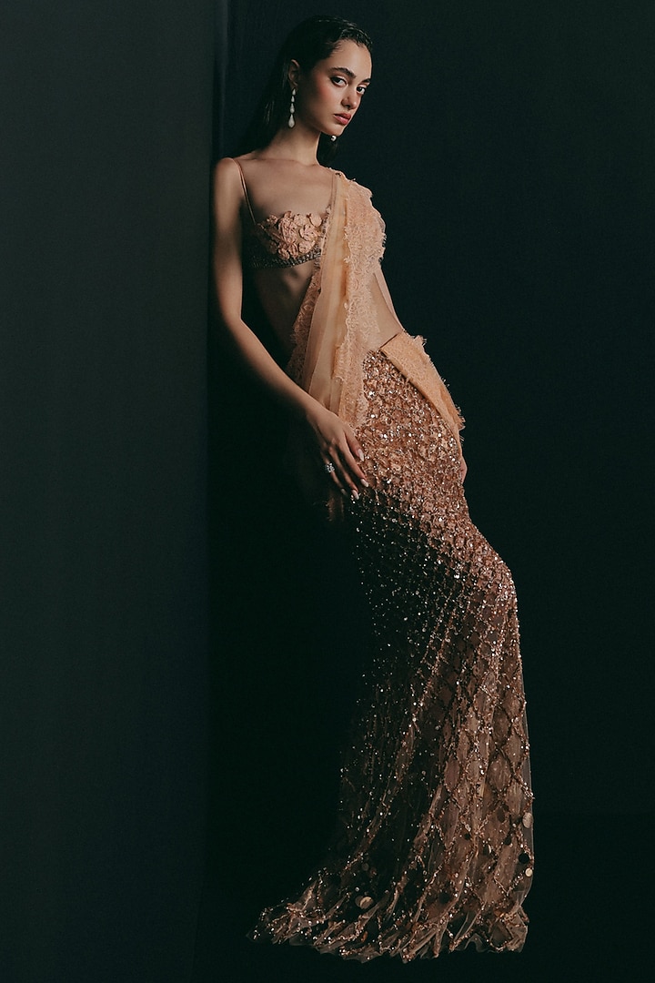Peach Tulle Zardosi Embroidered Pre-Stitched Reception Saree Set by The Little Black Bow at Pernia's Pop Up Shop