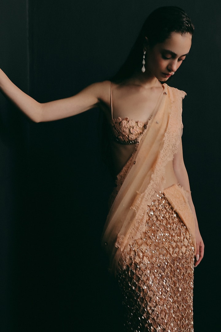 Peach Tulle Zardosi Embroidered Pre-Stitched Reception Saree Set by The Little Black Bow at Pernia's Pop Up Shop