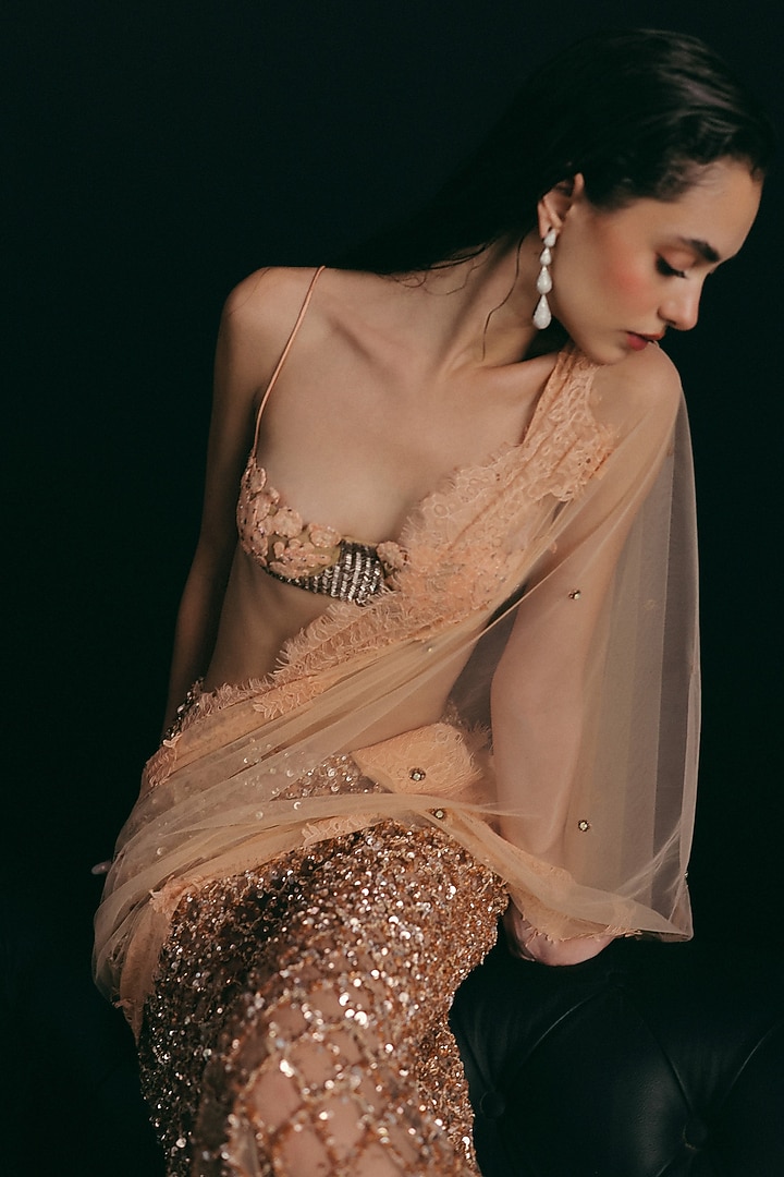 Peach Tulle Zardosi Embroidered Pre-Stitched Reception Saree Set by The Little Black Bow at Pernia's Pop Up Shop