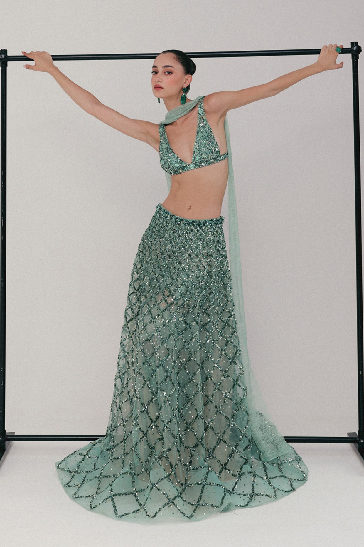 The Little Black Bow Sea Blue Tulle Zardosi Embroidered Lehenga Set