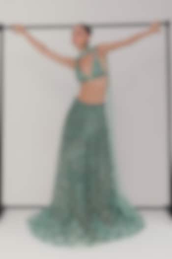 Sea Blue Tulle Zardosi Embroidered Bridal Lehenga Set by The Little Black Bow at Pernia's Pop Up Shop