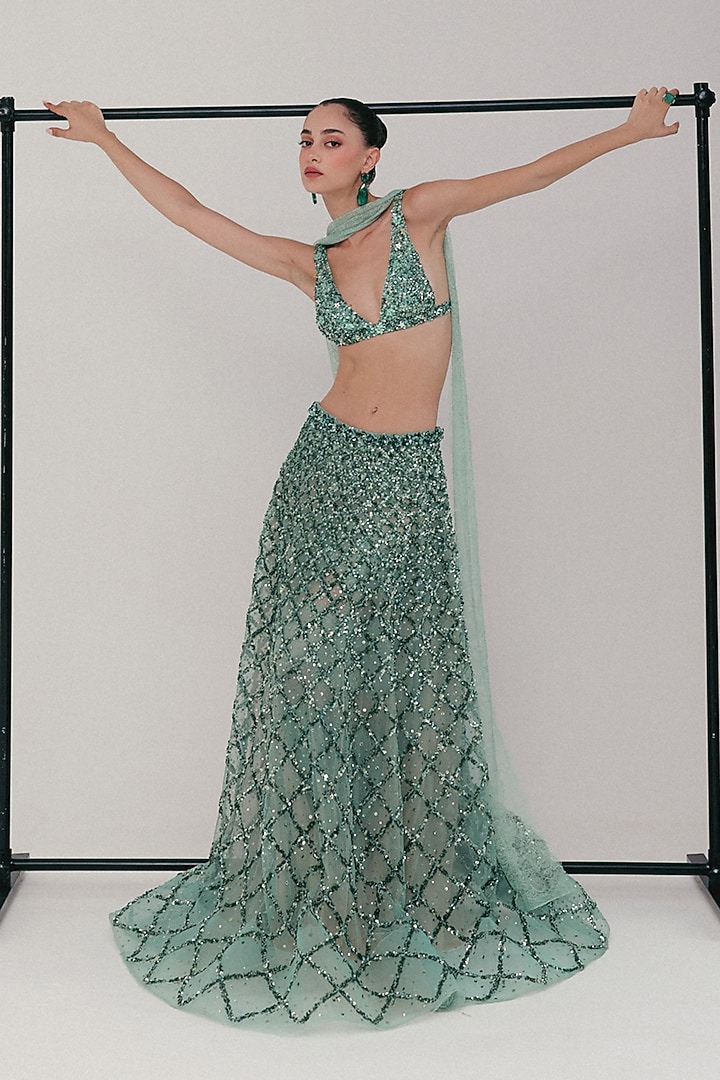 Sea Blue Tulle Zardosi Embroidered Bridal Lehenga Set by The Little Black Bow at Pernia's Pop Up Shop