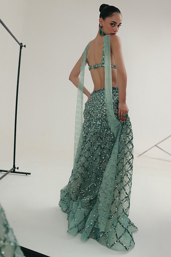 Sea Blue Tulle Zardosi Embroidered Bridal Lehenga Set by The Little Black Bow at Pernia's Pop Up Shop