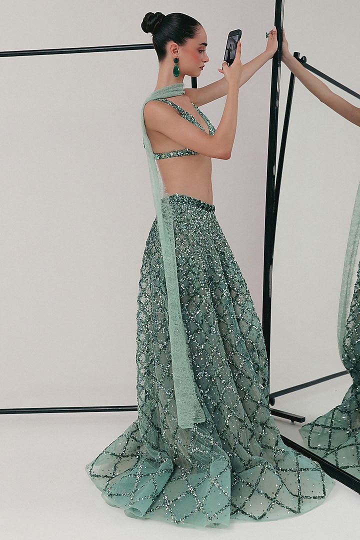 Sea Blue Tulle Zardosi Embroidered Bridal Lehenga Set by The Little Black Bow at Pernia's Pop Up Shop