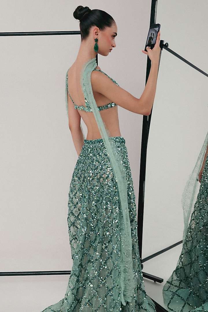 Sea Blue Tulle Zardosi Embroidered Bridal Lehenga Set by The Little Black Bow at Pernia's Pop Up Shop