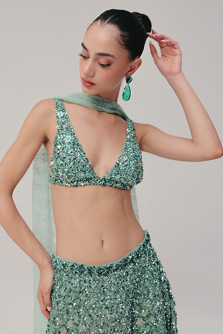 Sea Blue Tulle Zardosi Embroidered Bridal Lehenga Set by The Little Black Bow at Pernia's Pop Up Shop
