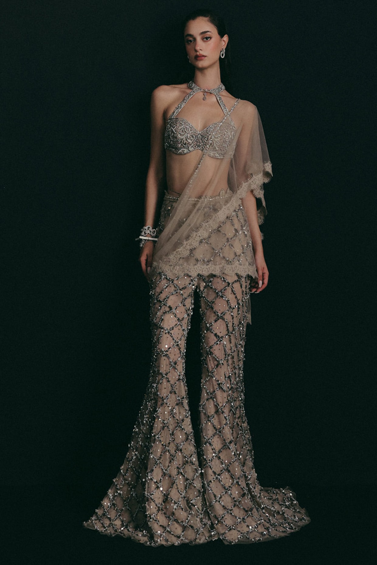 The Little Black Bow Silver Silk & Tulle Zardosi Embroidered Sharara Set