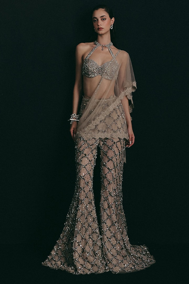 Silver Silk & Tulle Zardosi Embroidered Bridal Sharara Set by The Little Black Bow at Pernia's Pop Up Shop