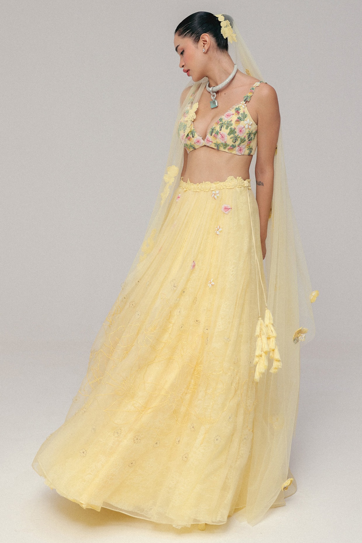 The Little Black Bow Yellow Tulle Bead Motif Embroidered Lehenga Set
