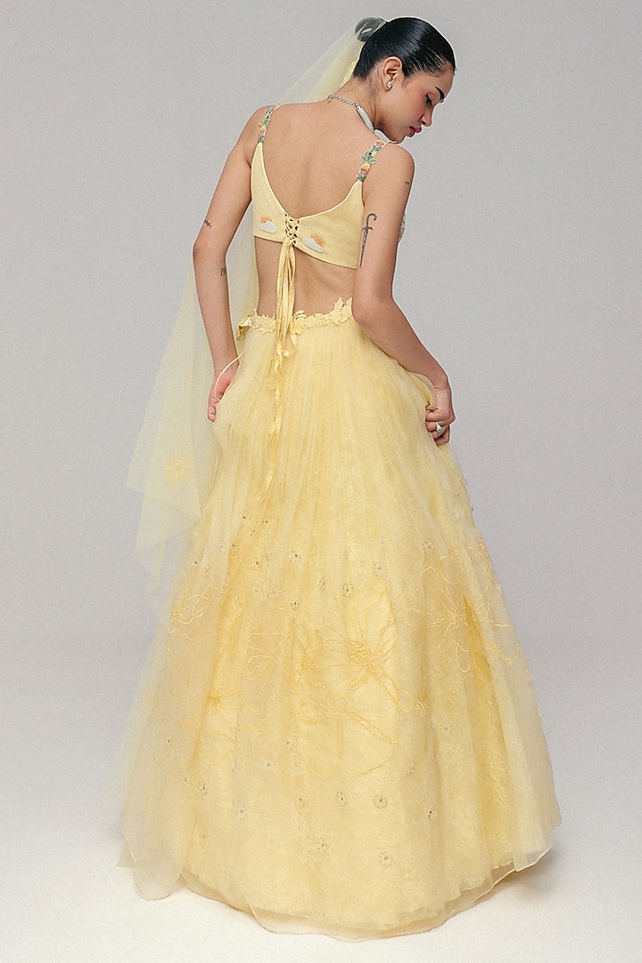 Yellow Tulle Bead Motif Embroidered Wedding Lehenga Set by The Little Black Bow at Pernia's Pop Up Shop