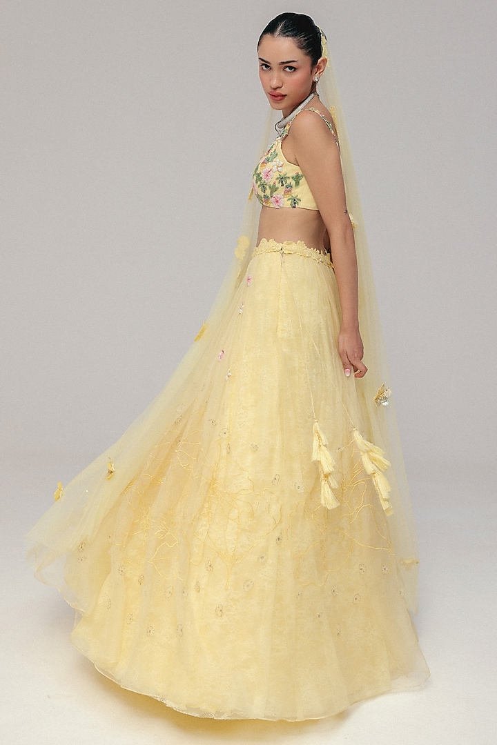 Yellow Tulle Bead Motif Embroidered Wedding Lehenga Set by The Little Black Bow at Pernia's Pop Up Shop