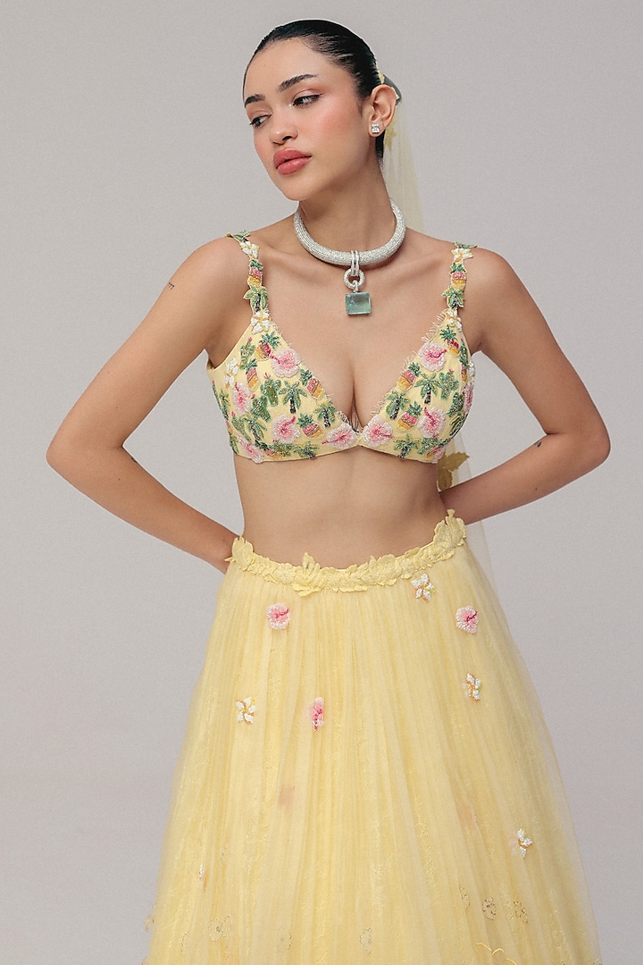 Yellow Tulle Bead Motif Embroidered Wedding Lehenga Set by The Little Black Bow at Pernia's Pop Up Shop