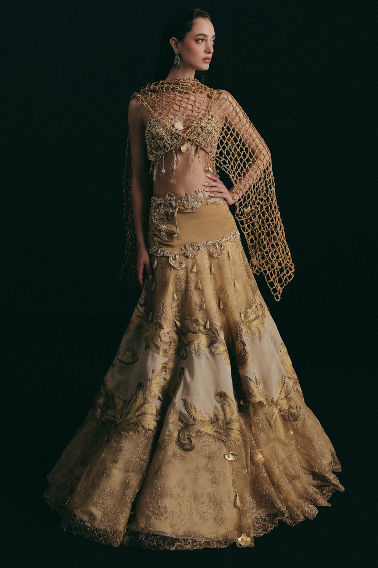 The Little Black Bow Gold Silk & Tulle Zardosi Embroidered Lehenga Set