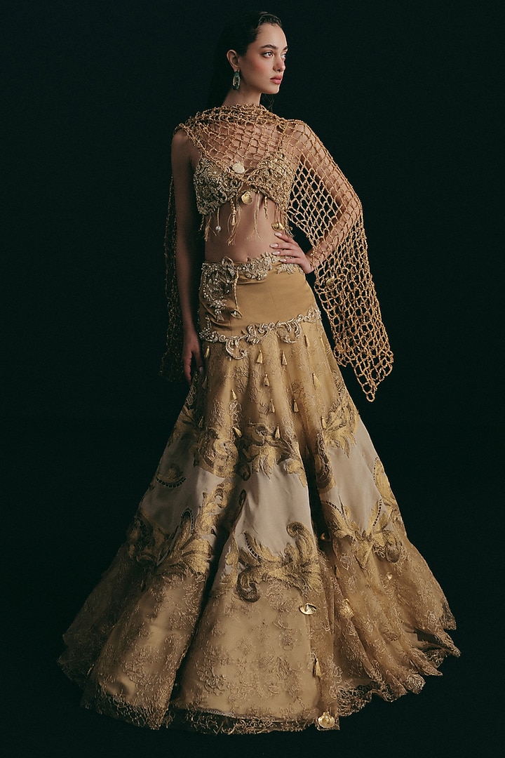 Gold Silk & Tulle Zardosi Embroidered Bridal Lehenga Set by The Little Black Bow at Pernia's Pop Up Shop
