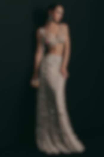 Silver Silk & Tulle Mukaish Embroidered Bridal Lehenga Set by The Little Black Bow at Pernia's Pop Up Shop